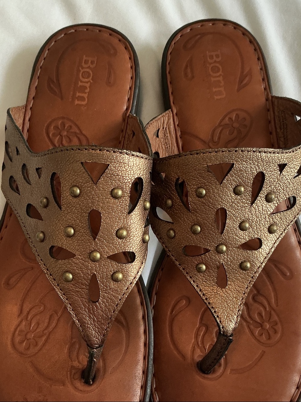 Born (Akala) - Metallic Bronze Cutout Leather Studded Slide Sandals - Picture 5 of 10